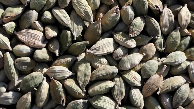 green cardamom seeds rotating in slow motion top view 4k. Macro Pile of cardamom rotation with copy space. Heap of Cardamom in the nature with sun light. Aromatics and spices background. 
