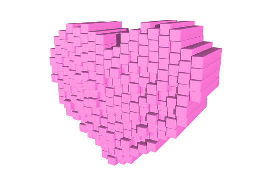 3D rendering pink cubes create digital shape heart on white background , picture have clipping path.