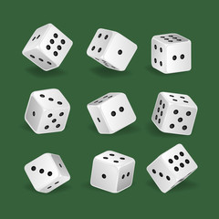 Set realistic white dice. Gambling, casino, dice. Hobbies, professional occupations.