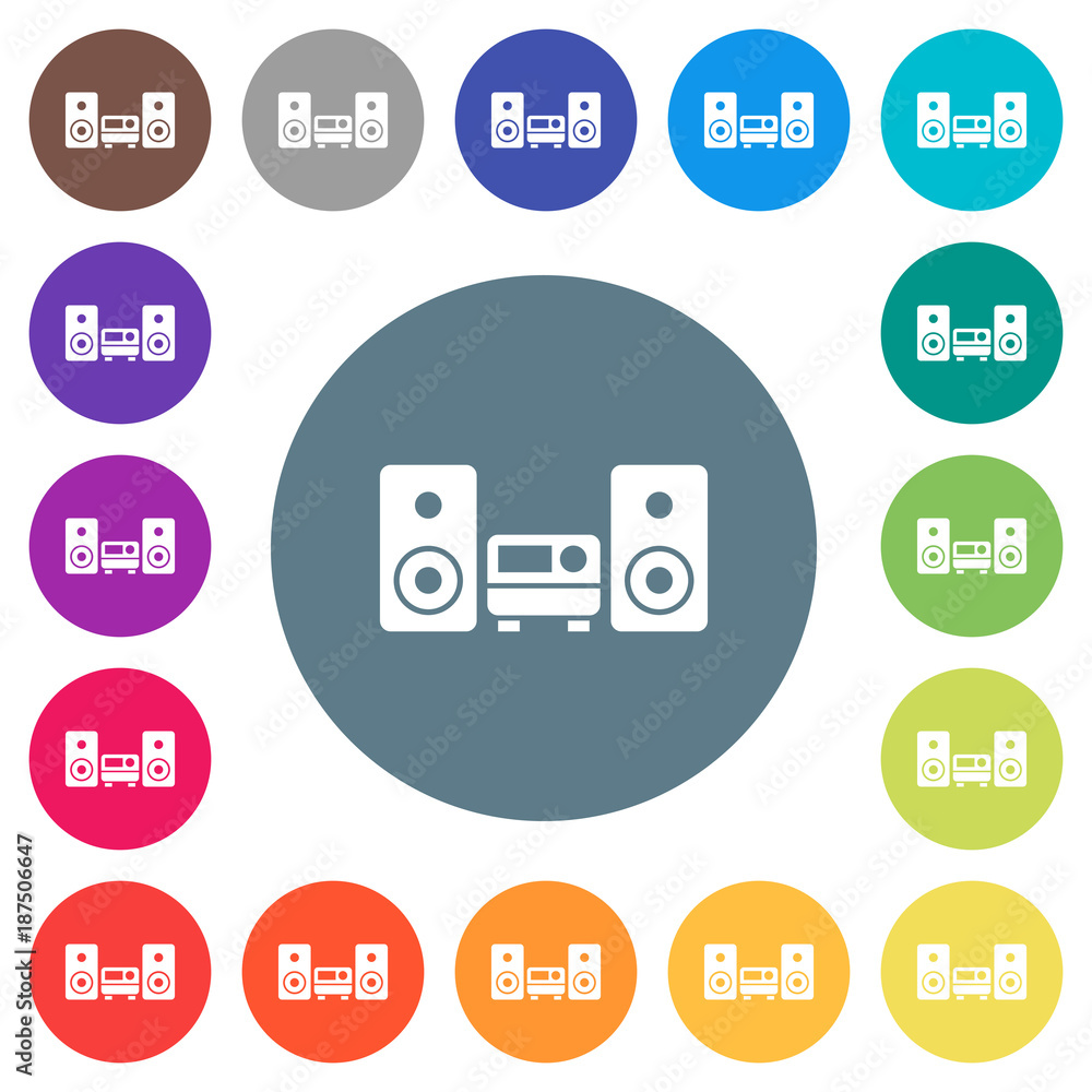 Poster Stereo system flat white icons on round color backgrounds