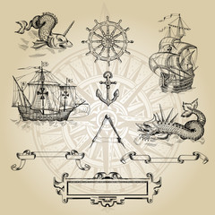 Set of decorative elements for the design of an old geographical map. Ancient caravel, sea monsters, anchor, ship's wheel, compass-meter, wind rose, framework for inscriptions, cartouche.