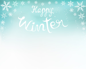 Fototapeta na wymiar Winter scene with snowflakes on blue background. Happy winter text in hand drawn style. Abstract design for Christmas and new year greeting card.