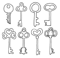 hand drawn doodle vintage keys collection. Isolate design elements on white background