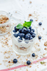 Top view healthy breakfast of homemade granola cereal with blueberries, nuts and fruit, honey with drizzlier background. Morning food, Diet, Detox, Vegetarian concept.