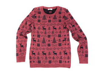 Fototapeta premium Red Children's knitted sweater with a deer pattern. Isolate on white