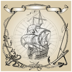 Adventure stories. Pirate background. Vintage border frame. Old caravel, vintage sailboat, sea monster.