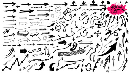 Big set of grunge sketch handmade watercolor doodle arrow. Made with brushes, pen and markers. Vector illustration. Isolated on white background