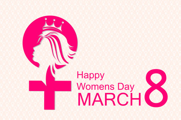March 8 International Women's Day, Happy Women's Day greeting card, gift card on pink background with design of a women face and text 8th March International women day