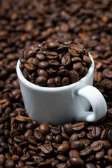 white cup in coffee beans, concept photo, vertical