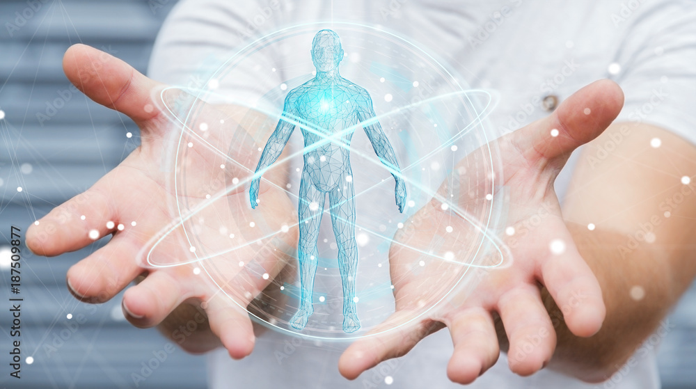 Poster Businessman using digital x-ray human body scan interface 3D rendering
