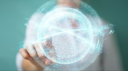 Businesswoman using digital network connection sphere 3D rendering