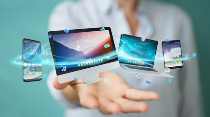 Businessman connecting tech devices and icons applications 3D rendering