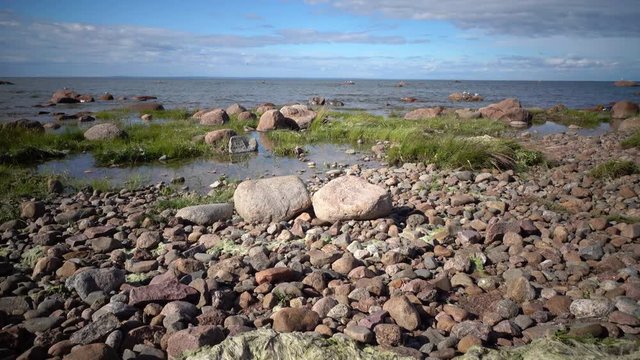 Panoramic view of the stony coast of the Gulf of Finland in sunny summer day