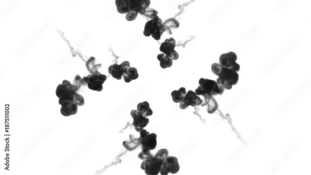 Poster a lot of flows forming ring, ink inject is isolated on white in slow motion. black colour curls in w