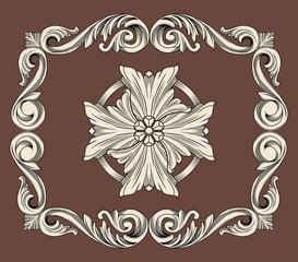 Vintage baroque frame border leaf scroll floral ornament engraving retro flower pattern antique style swirl decorative design element