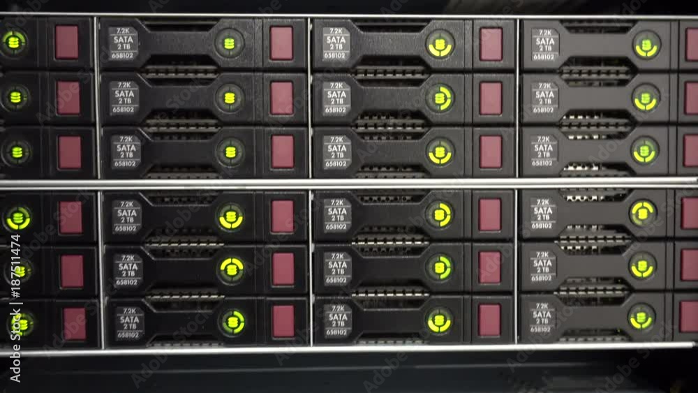 Poster rack mounted servers in a server room, server rack audio cable. severs computer in a rack at the lar