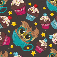 coffee owl and cupcake seamless pattern