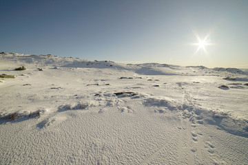 View of snowy mountain area.