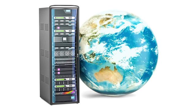 Server Rack with rotating Earth Globe. Global internet concept, 3D rendering