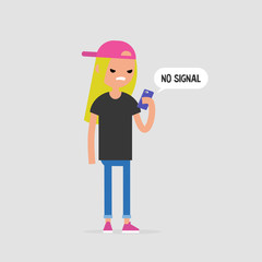 Fototapeta na wymiar No signal, conceptual illustration. Angry female character holding a smartphone. No internet. Flat editable vector illustration, clip art