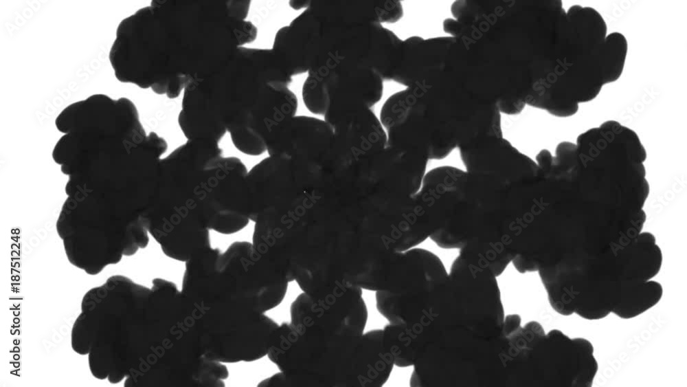 Poster a lot of flows forming ring, ink inject is isolated on white in slow motion. black dye curls in wate