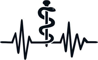 Pharmacist heartbeat line job title with staff of Aesculapius