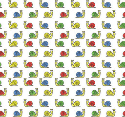 Colorful cartoon isolated snail crawling in different directions on a white background.  Seamless pattern of the cartoon snails.