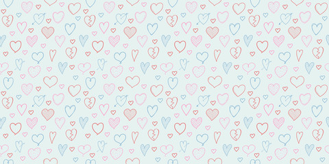 Seamless texture with hand drawn hearts for Valentine's Day, Women's Day or Mother's Day. Vector.