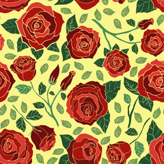 Beautiful seamless pattern with hand drawn red roses on yellow background