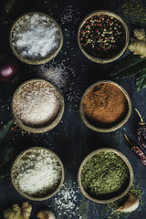 Set of spices on rustic blue background