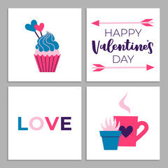 Set of cute romantic templates. Collection of flat illustrations with heart, gift, cupcake, flower, envelope. Modern colors vector design.