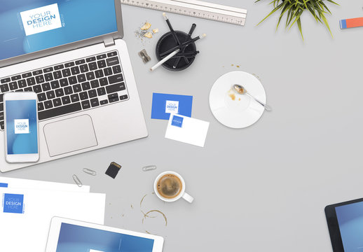 Mockup of Multiple Devices and Stationery with Coffee Cup and Desk Accessories 