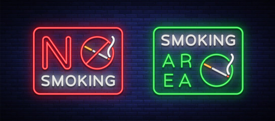 Smoking area and no smoking vector neon signs. Neon symbol, a luminous sign is a place for smoking. Neon sign of smoking ban. Bright sign, luminous banner