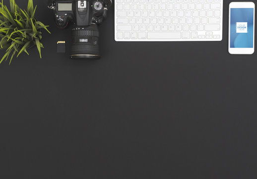 Black Office Desk with Camera and Smartphone Mockup 