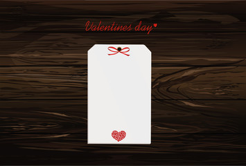 Gift card tied with a red heart. Vector. Valentine's Day. On wood