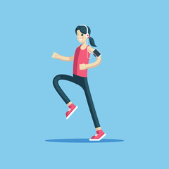 Cheerful girl in sportswear with headphones and a smartphone is jogging flat vector illustration. Young smiling woman is running. Healthy lifestyle and fitness activities concept