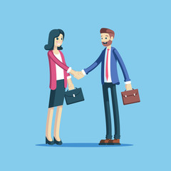 Businessman and businesswoman making a handshake as a sign of cooperation, partnership or agreement. Two employees concluding a successful deal shaking hands vector flat illustration.