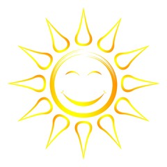 Sonne und Sonnenstrahlen als Vektor, Cartoon und smiley auf einem weißen isolierten Hintergrund