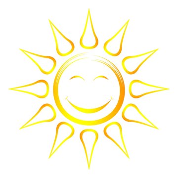 Sonne und Sonnenstrahlen als Vektor, Cartoon und smiley auf einem weißen isolierten Hintergrund