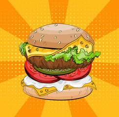 Classic burger on a pop art background. Colorful Big sandwich