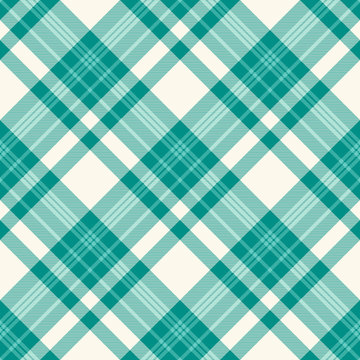 Plaid check pattern in teal green and ivory off-white. Seamless fabric texture for digital textile printing. Vector graphic. 