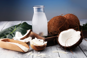 Coconut products with fresh coconut, Coconut flakes, water and oil