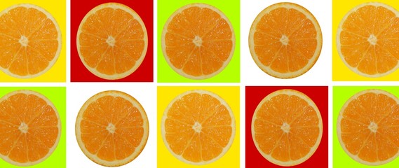 A set of fresh orange slices against a background of yellow, red, green and white colored squares.