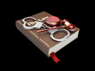 Judges wooden hammer, law book and handcuffs, 3d Illustration isolated black