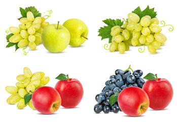Fresh grapes and apples isolated on white background with clipping pass