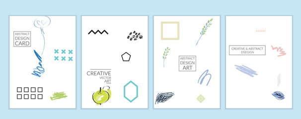 Universal card templates in Memphis style with abstract hand drawn doodles on white