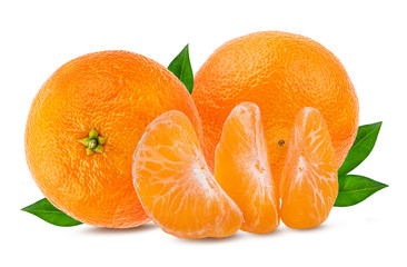 Fresh mandarin orange with segments isolated on white background with clipping path