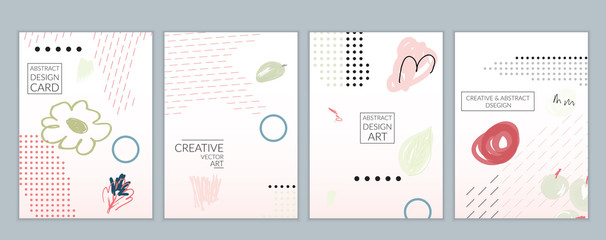 Minimal universal card templates in Memphis style hand drawn doodles gradient