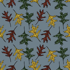 Hand drawn seamless pattern with oak leaves.