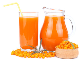 Sea buckthorn juice in glass isolated on white background